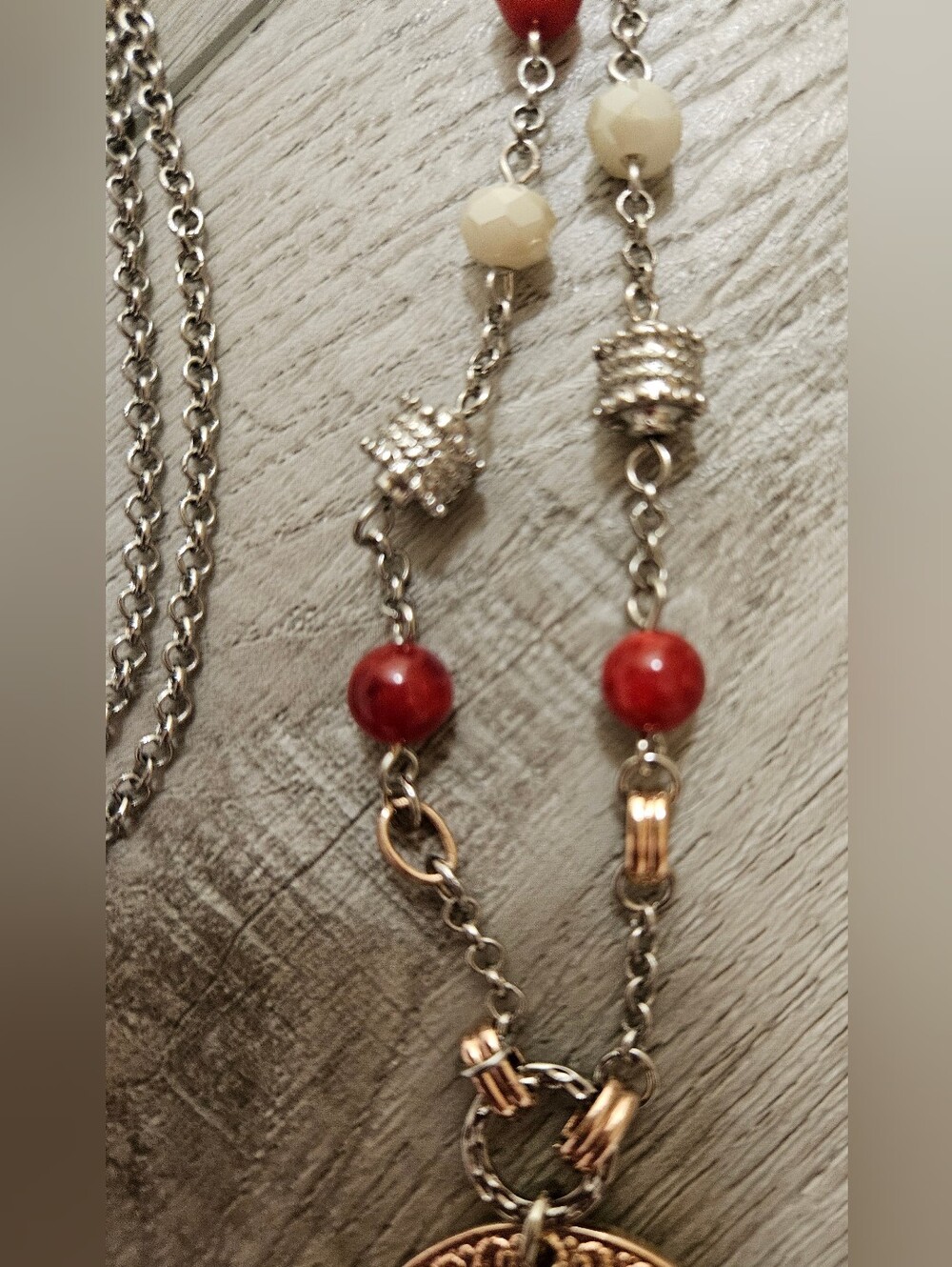 CHICO'S MEDALLION SILVER-TONE ROSE GOLD GLASS BEADS  BOHEMIAN LONG NECKLACE - Picture 16 of 16